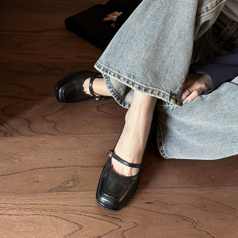 Women's Genuine Leather Mary Jane Pumps 65mm Block Heel in Brown/Black