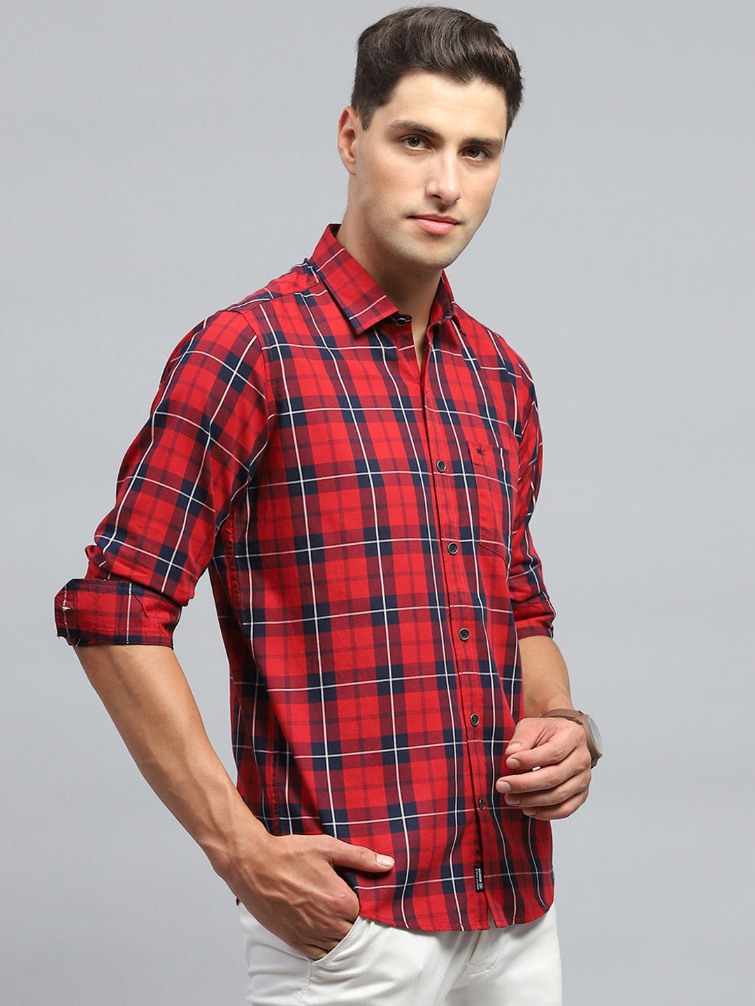 Men Red Check Collar Full Sleeve Shirt