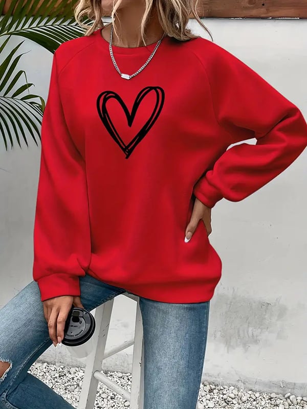 Long Sleeves Loose Heart Print Split-Joint Round-Neck Sweatshirt Tops
