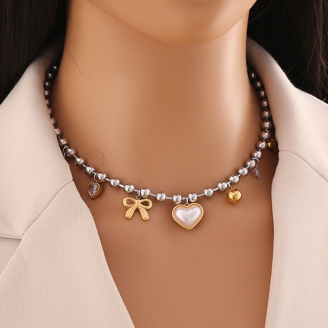 Golden Dopamine Element Necklace Cross Pearl Love Stainless Steel Clavicle Chain N1506