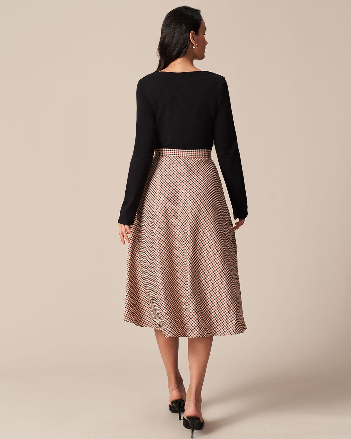 The Brown High Waisted Plaid Button Midi Skirt