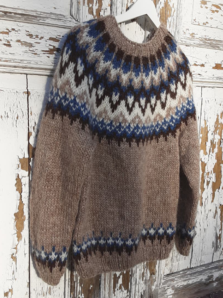 Vintage Knitted Jacquard Brown Iceland Crew Neck Sweater