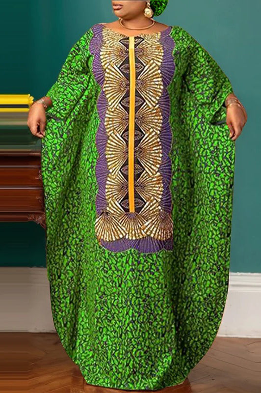 Elegant Printed Casual Loose Bat-wing Sleeve Round Neck Oversized Maxi Dress