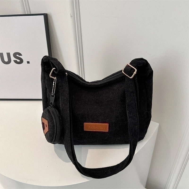 Women's Corduroy Solid Color Classic Style Square Zipper Shoulder Bag