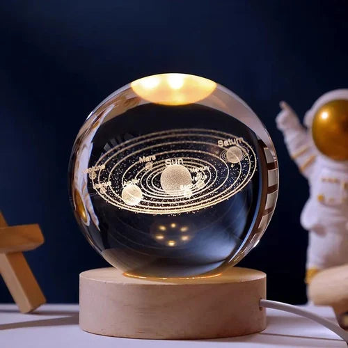 3D CRYSTAL BALL NIGHT LAMP WITH WOODEN BASE SOLAR SYSTEM CRYSTAL BALL NIGHT LIGHT. BEDROOM DECOR