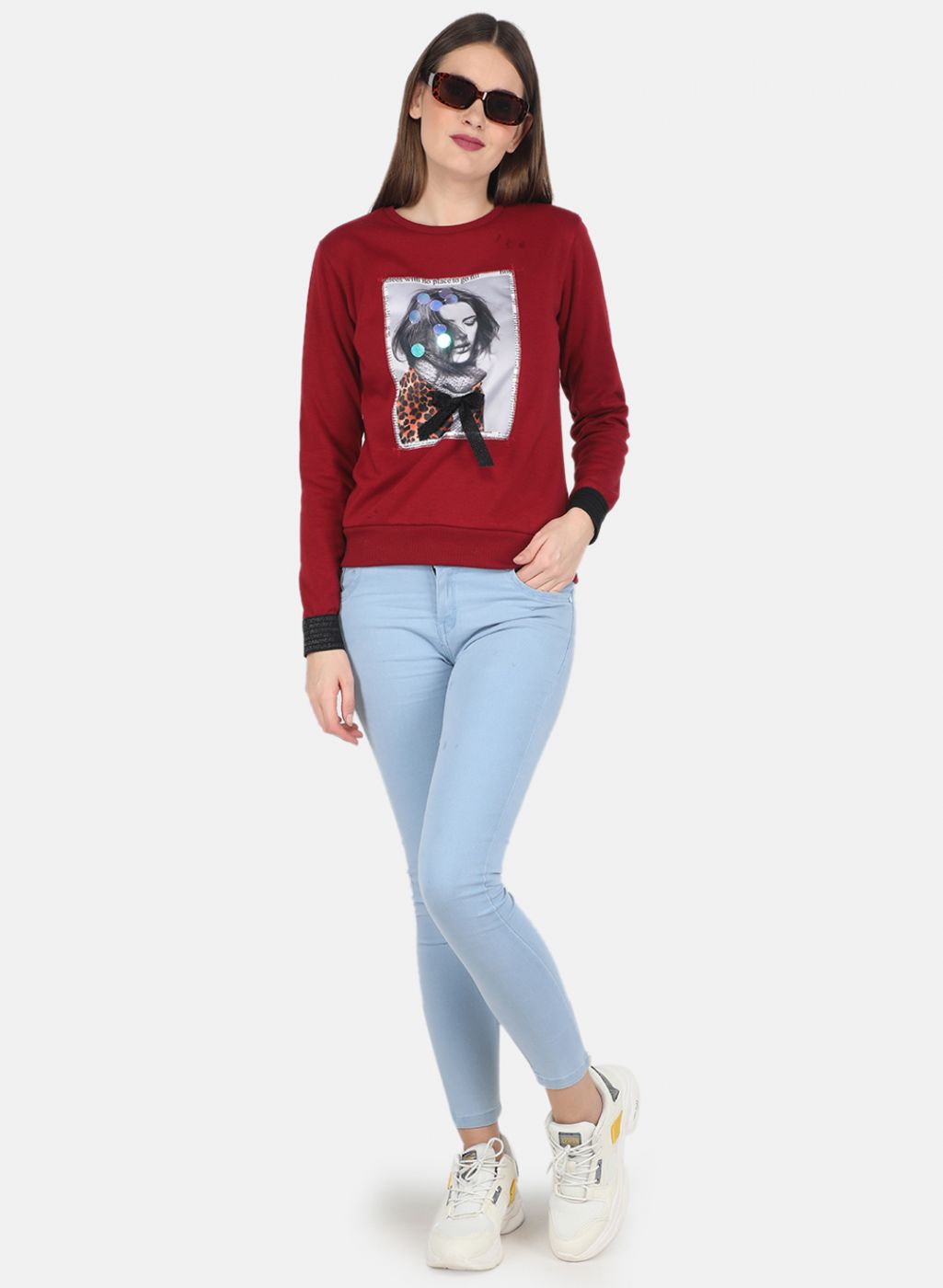 Women Maroon Printed Sweatshirt