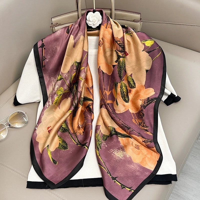 Women's Elegant Vacation Stripe Flower Polyester Silk Scarf