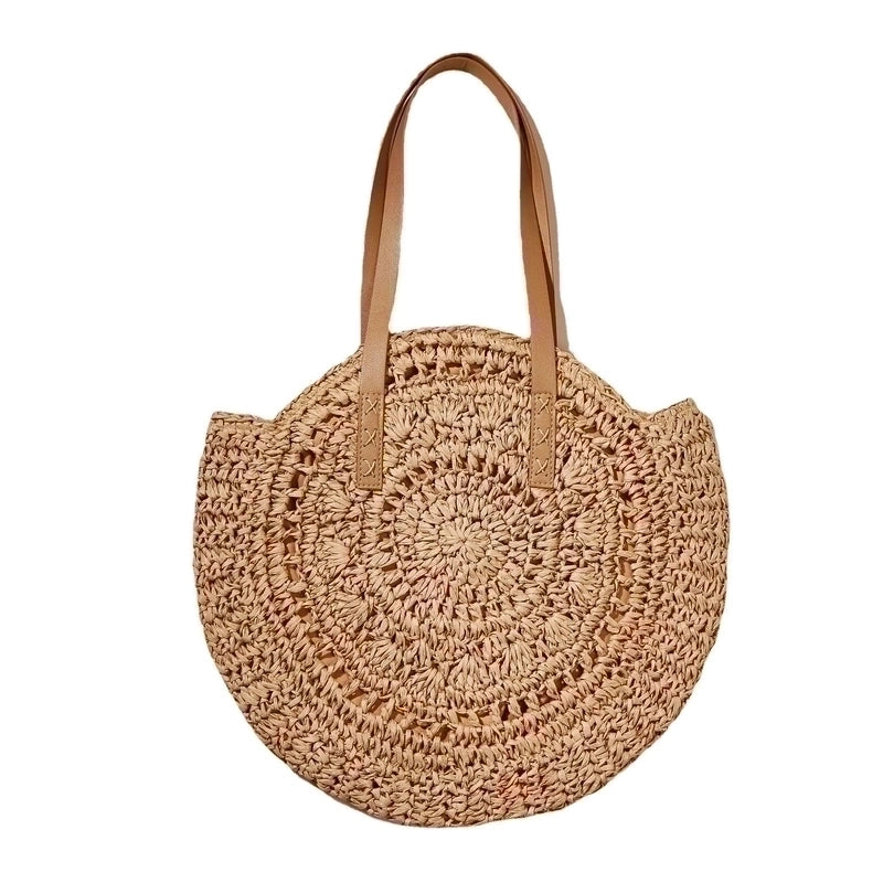 Women's Large Straw Geometric Beach Weave Round Zipper Circle Bag