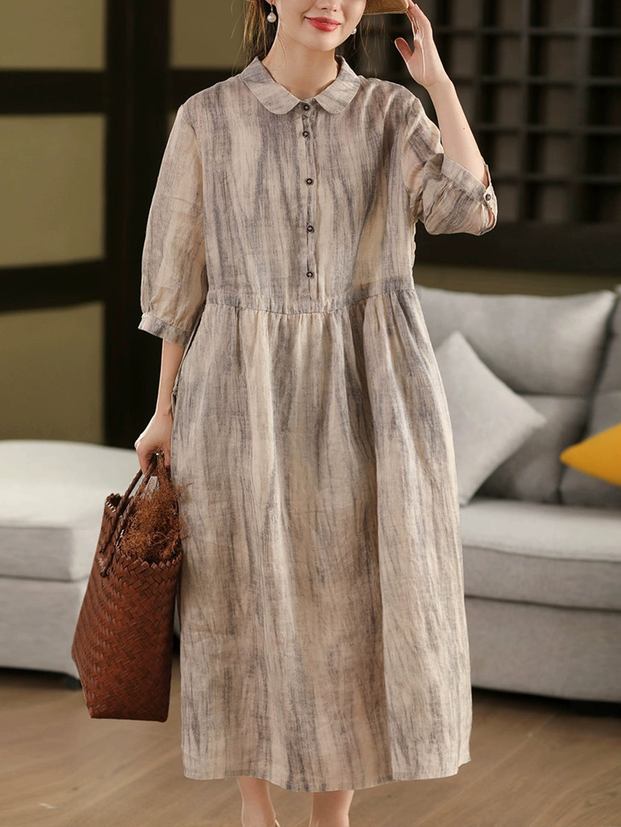 Women Summer Vintage Turn-down Collar 100%Ramie Dress