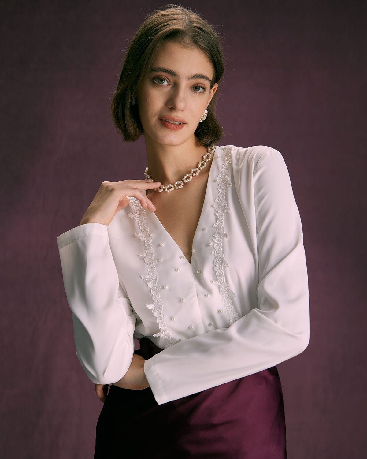 The White V Neck Lace Trim Pearls Blouse