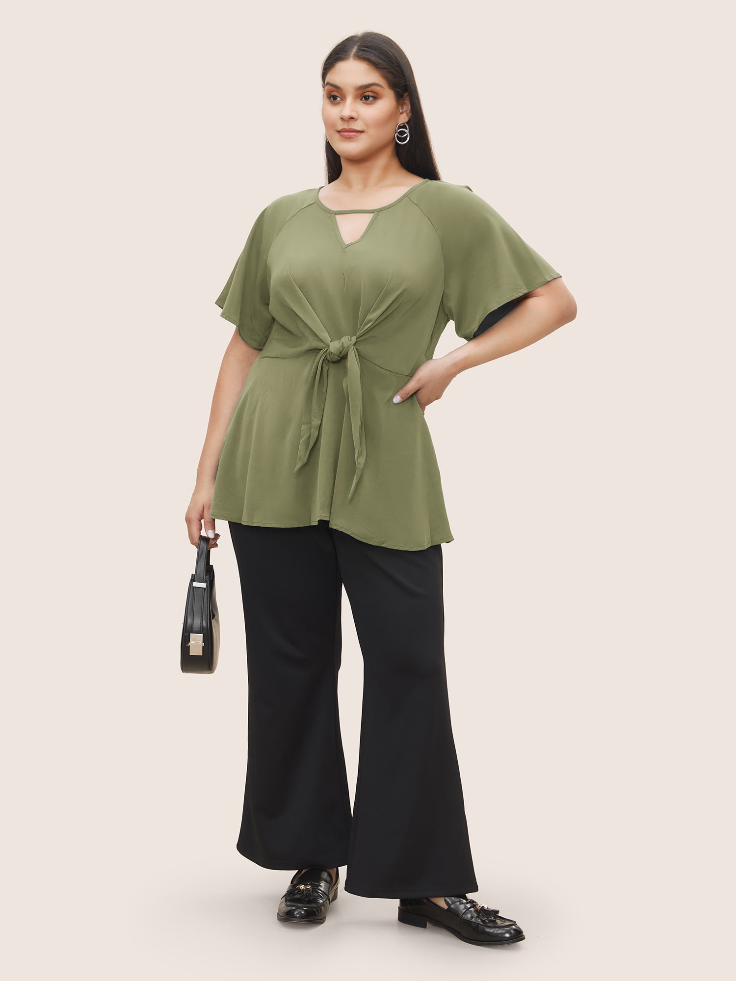 Plain Keyhole Knotted Front Ruffle Sleeve Blouse