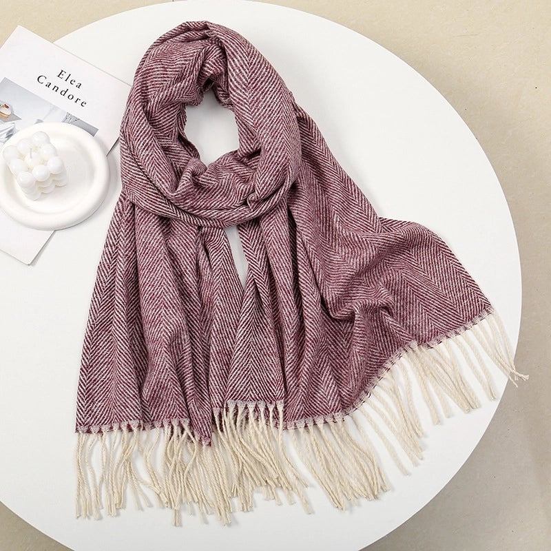 New Autumn And Winter Striped Tassel Artificial Cashmere Scarf Women's Fashion Simple Thick Warm Commuter's All-Matching Shawl