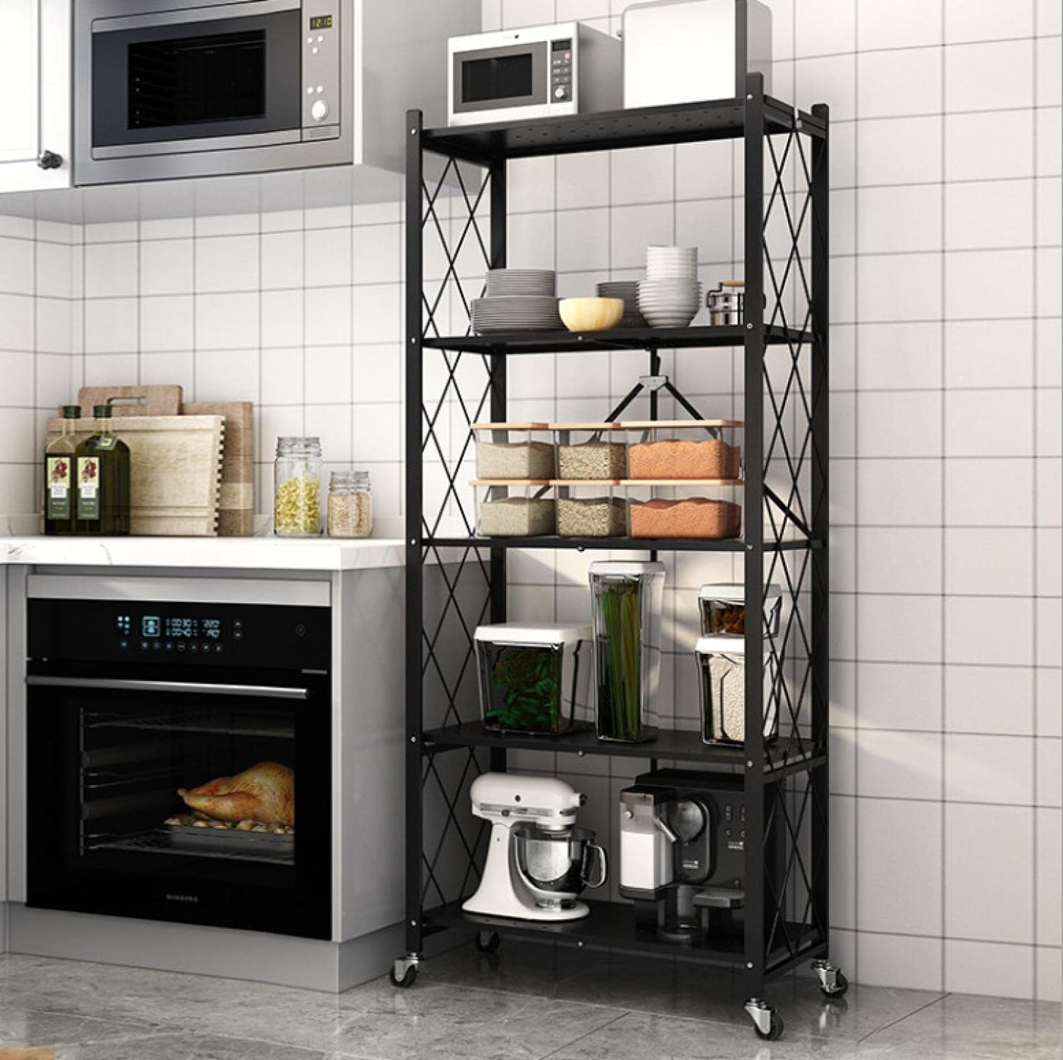 5 Layer Foldable Trolley Rack .Folding Shelf for Kitchen