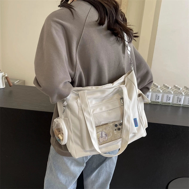 Women's Large Canvas Solid Color Preppy Style Classic Style Zipper Tote Bag