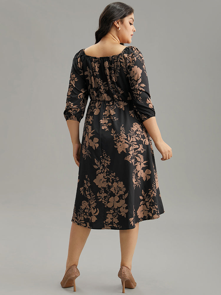 Silhouette Floral Print Elastic Cuffs Dress