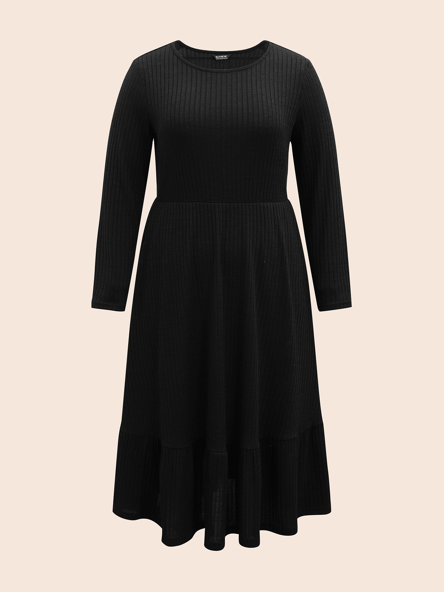 Solid Pocket Rib Knit Ruffle Hem Dress Without Belt