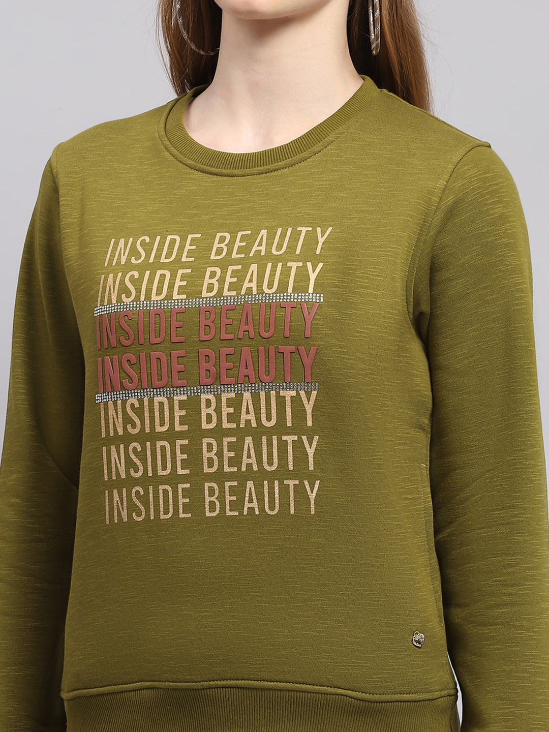 Women Green Printed Round Neck Full Sleeve Sweatshirt