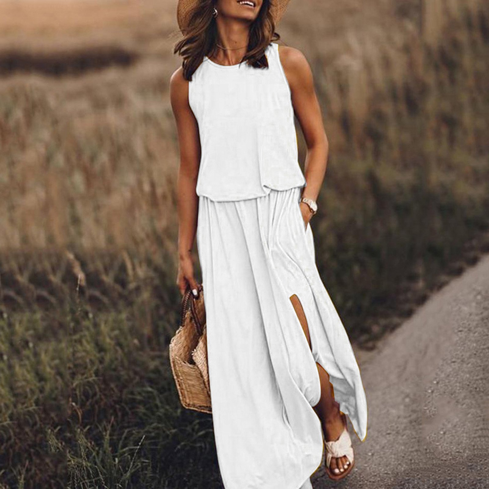 🔥Summer Hot Sales - 49% OFF👗Women Sleeveless Solid Round Neck Summer Maxi Dress