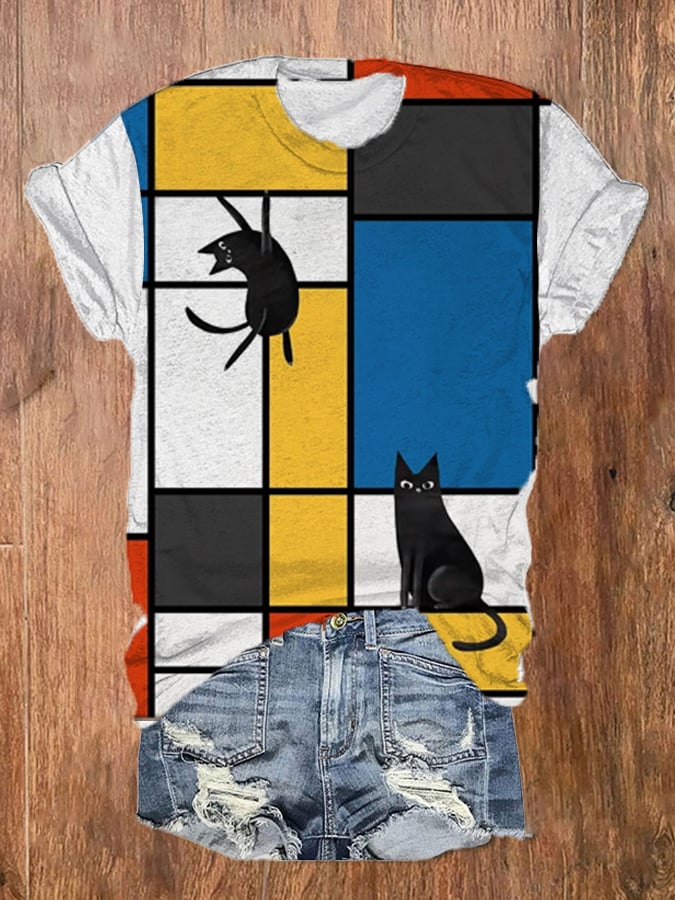 Women's Mondrian Cat Print T-Shirt