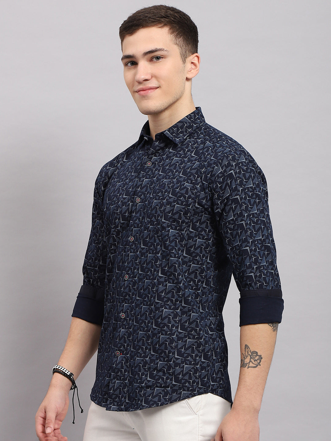 Men Navy Blue Printed Collar Full Sleeve Shirt