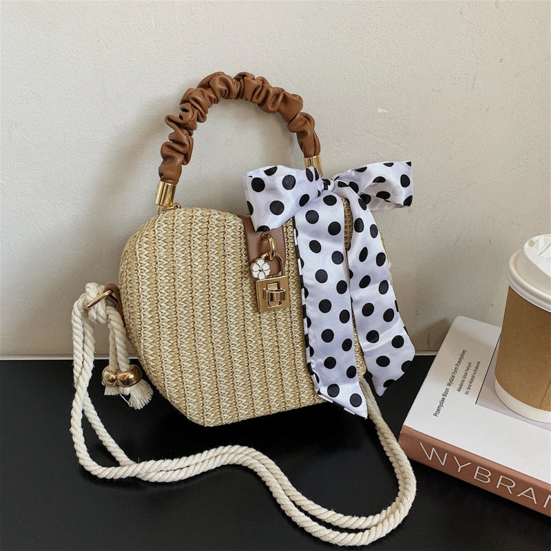 Women's Medium Straw Solid Color Vacation Beach Ribbon Weave Lock Clasp Straw Bag