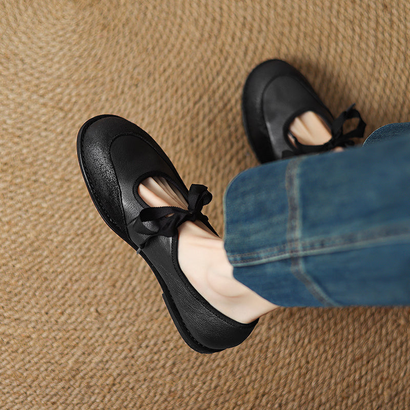 Classic Leather Mary Jane Flats for Women Lace-Up Comfort Shoes in Black/Brown