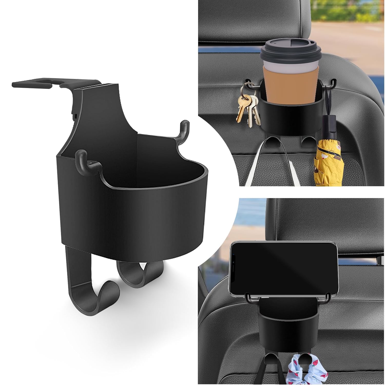 Car Headrest Backseat Organizer. 3 in 1 Automotive Cell Phone Drink cupholder Adapter with Headrest Hooks for Kids and Adults. Multifunctional Storage for Car Travel Accessories