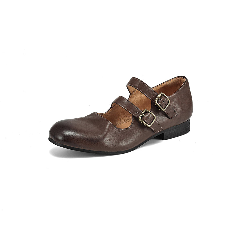 Casual Cow Leather Double Strappy Mary Jane Shoes Dress Shoes in Brown/Black/Khaki