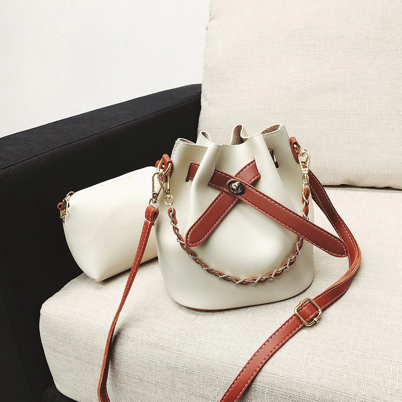 Women's Medium Pu Leather Color Block Streetwear Bucket Open Shoulder Bag Crossbody Bag