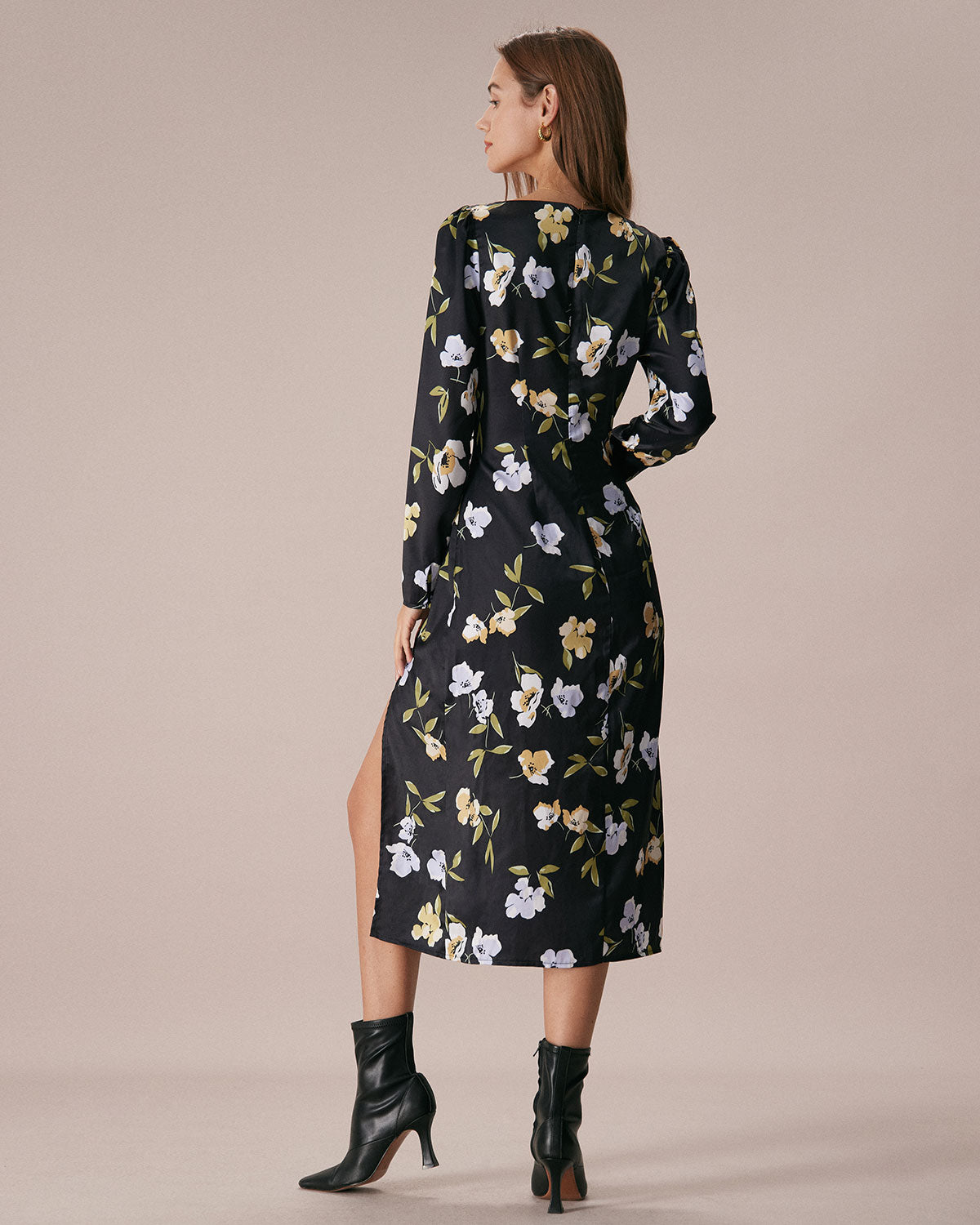 The Black Square Neck Floral Slit Midi Dress