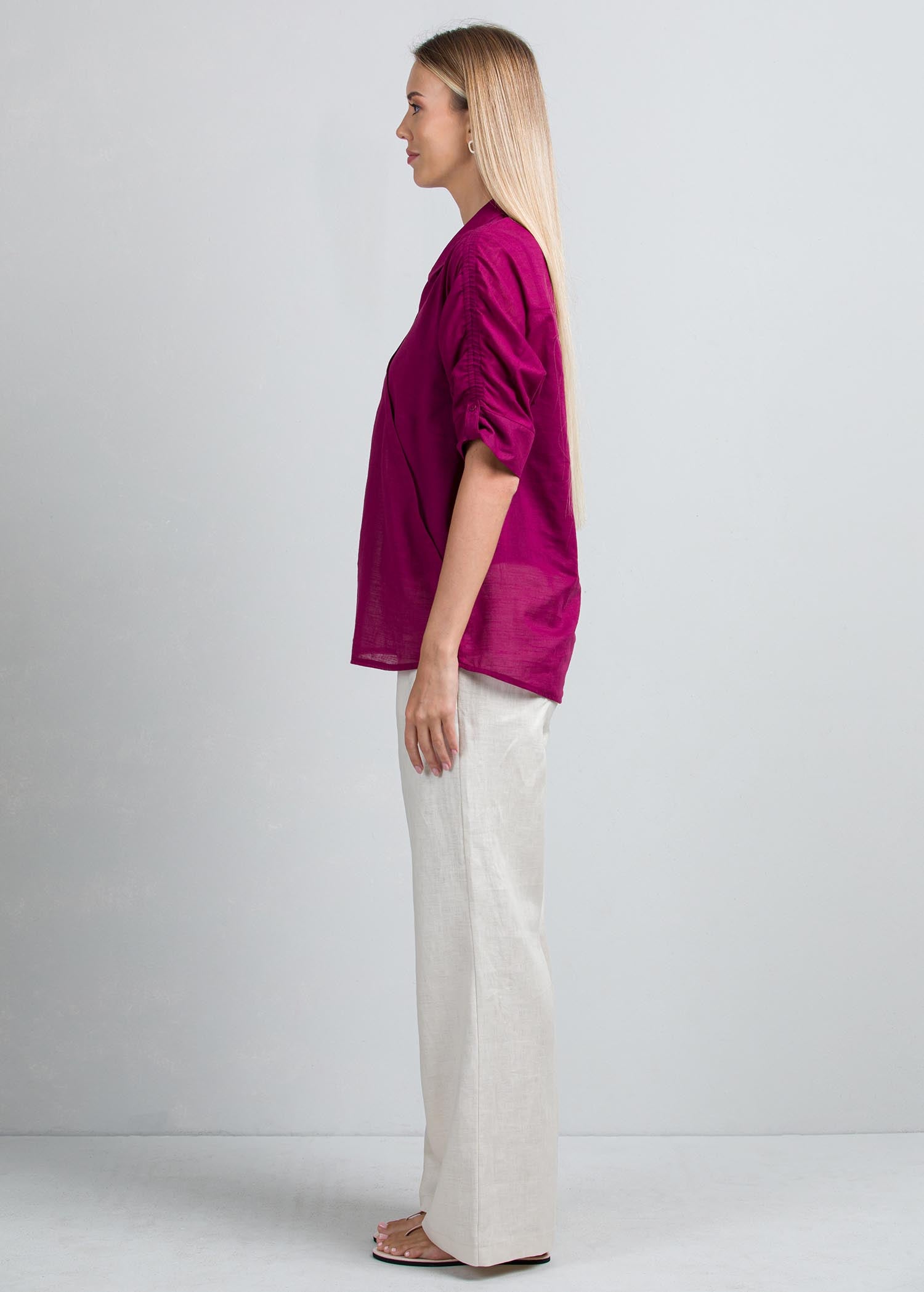 Crossover blouse with ruched sleeves