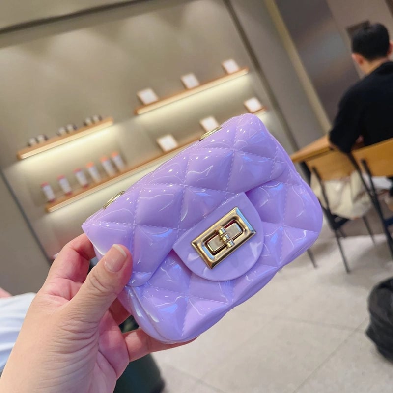Women's Mini PVC Solid Color Lingge Cute Streetwear Square Flip Cover Lock Clasp Jelly Bag