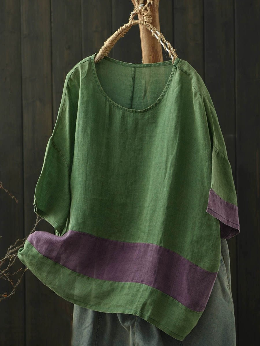 Women Summer Retro Colorblock O-Neck Raime Shirt