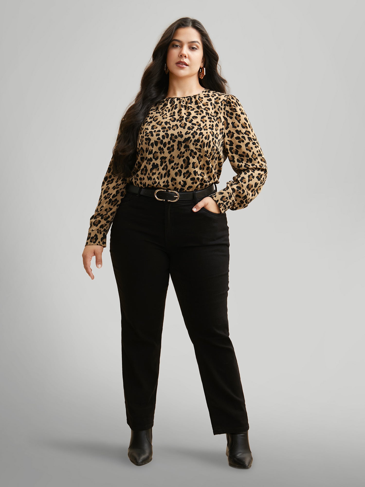 Leopard Print Mock Neck Gathered Blouse