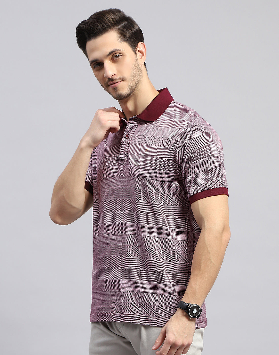 Men Maroon Self Design Polo Collar Half Sleeve T-Shirt