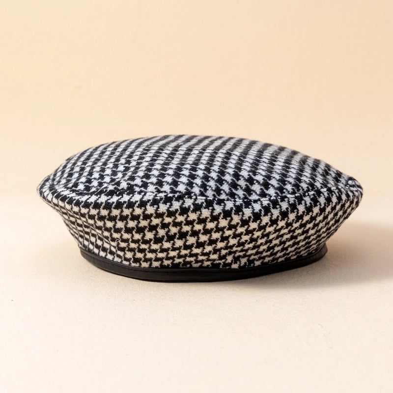 Women's Vintage Style Minimalist Houndstooth Eaveless Beret Hat
