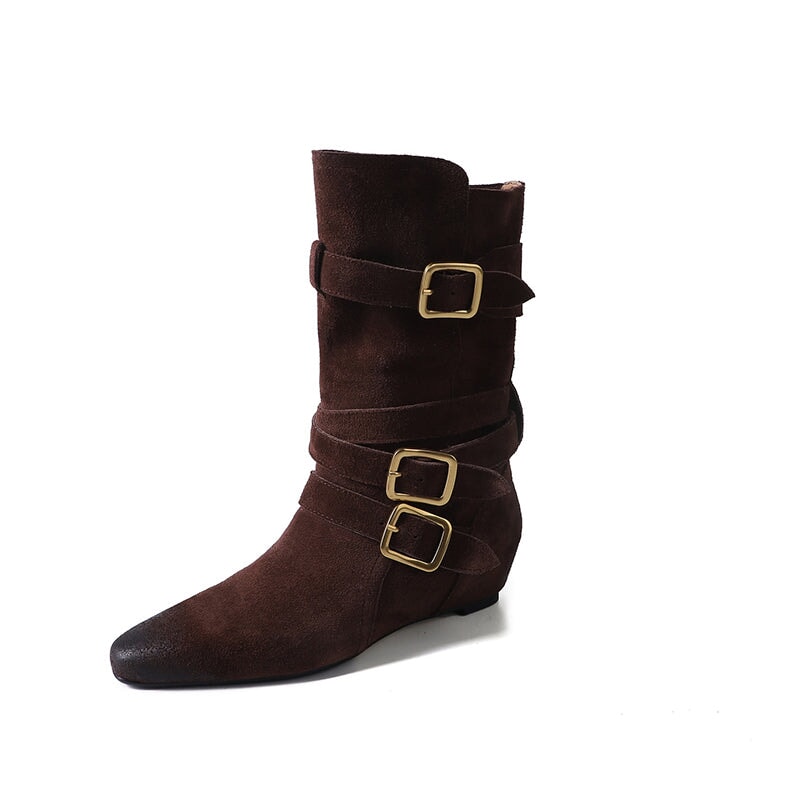 Womens Suede?Leather Mid Calf Boots 45mm Block Heel with Buckles In Khaki/Brown