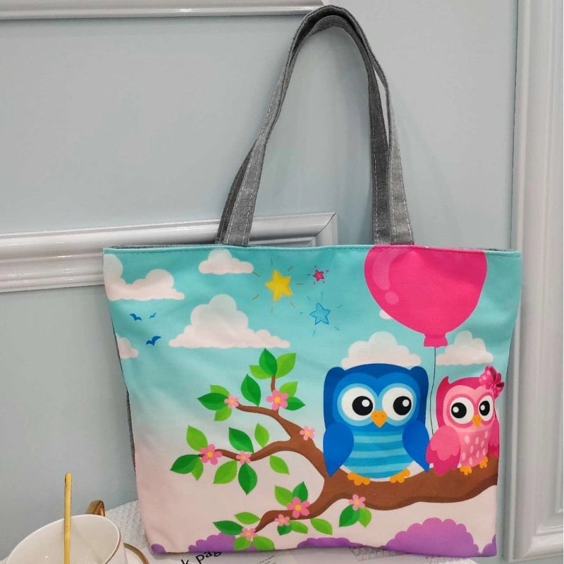 Women's Large Canvas Animal Cat Butterfly Basic Classic Style Square Zipper Canvas Bag