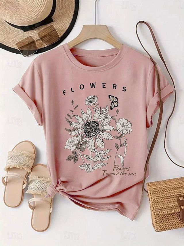 Women's T shirt Tee 100% Cotton Print Daily Weekend Fashion Basic Short Sleeve Crew Neck Pink Summer