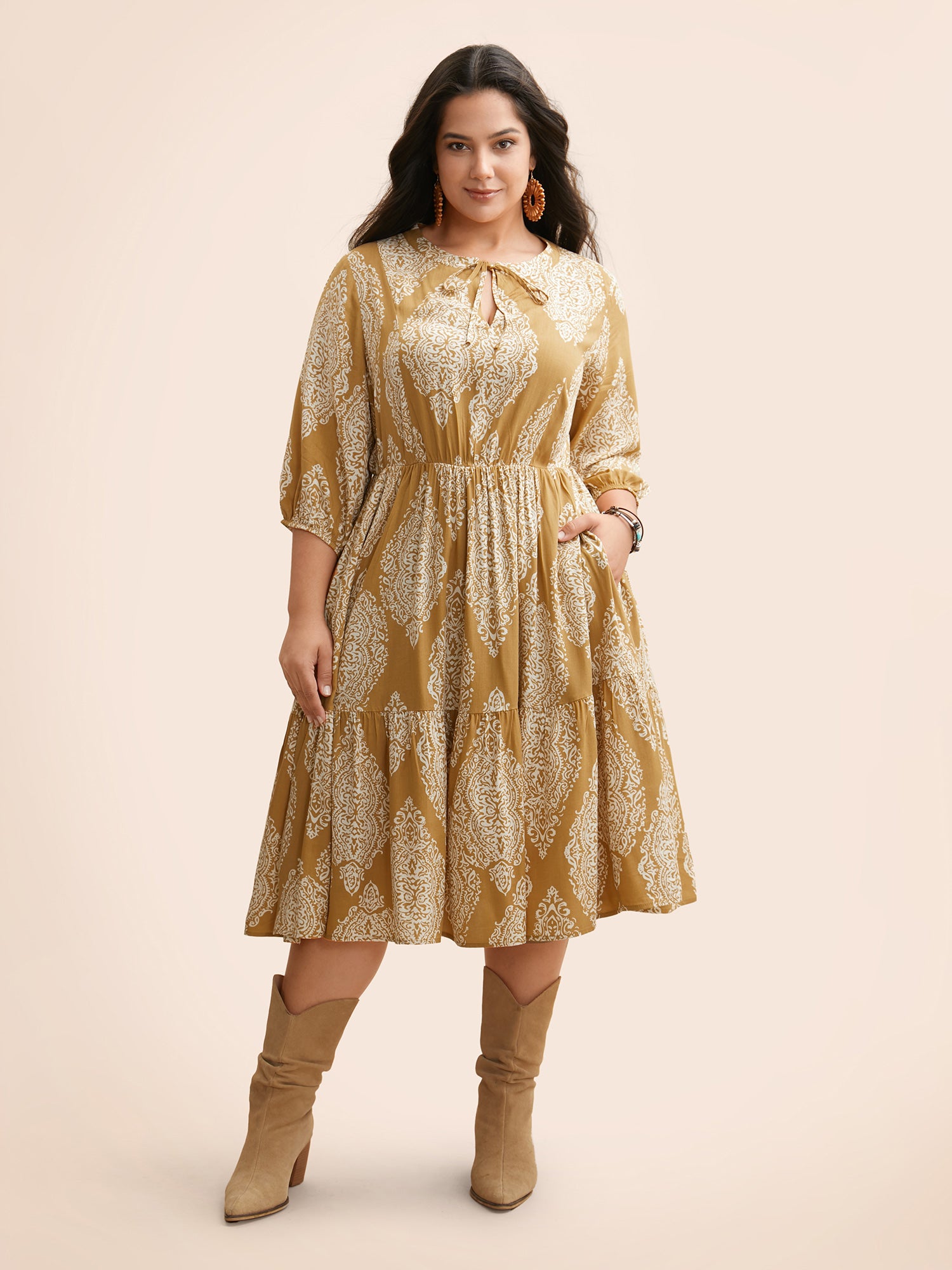 Boho Print Tie Knot Puff Sleeve Dress