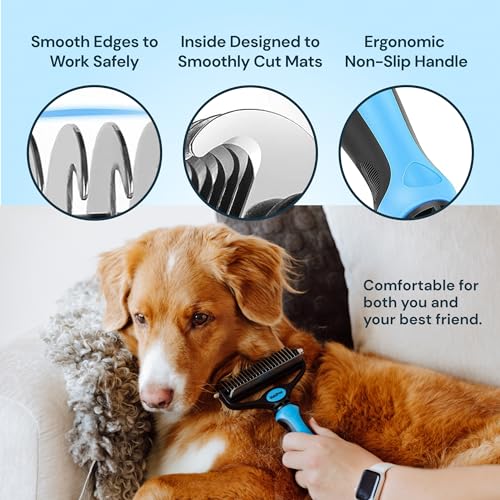 MalsiPree Dog Grooming Brush for Shedding - 2 in 1 Deshedding Tool and Undercoat Rake for Long and Short Haired Dogs with Double Coat - Dematting Comb and Pet Hair Deshedder Supplies (Large. Blue)