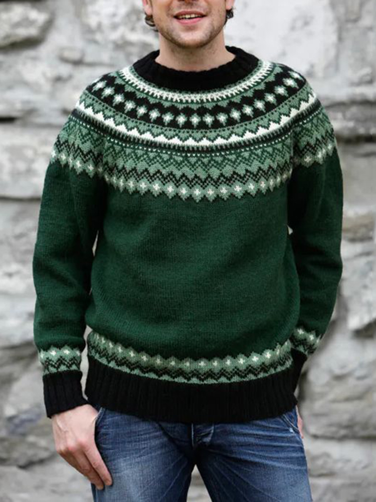 Men'S Vintage Green Knitted Jacquard Crew Neck Sweater