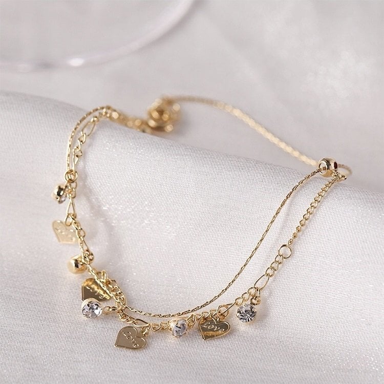 🌹Double Layer Rhinestones Heart Anklet