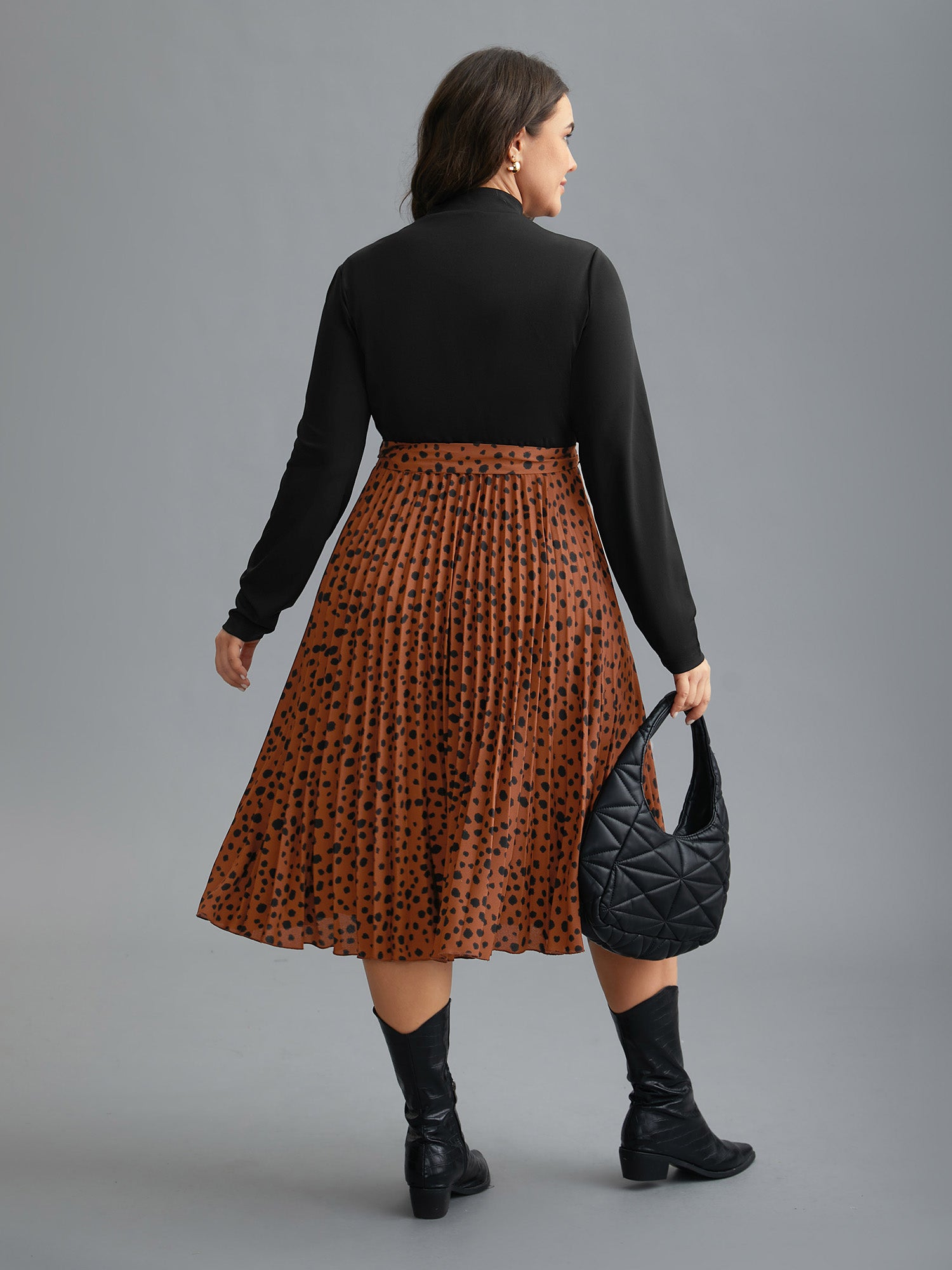 Leopard Print Pleated Mock Neck Midi Dress