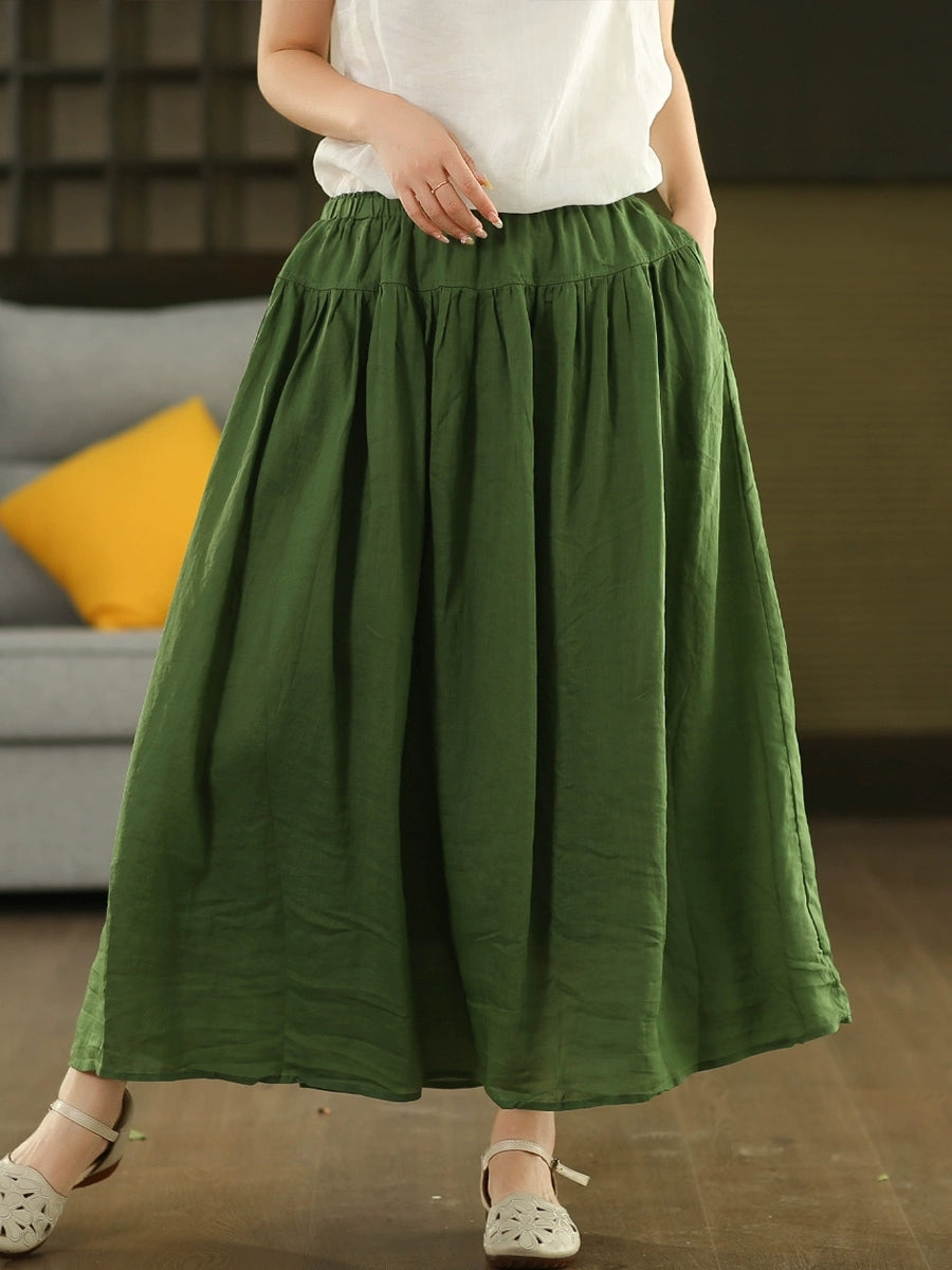 Women Summer Pure Color Spliced 100%Ramie Skirt