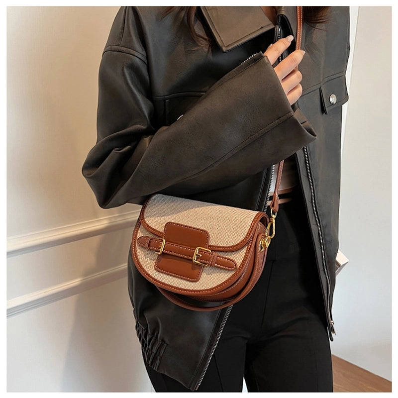 Women's Small Pu Leather Color Block Streetwear Square Magnetic Buckle Saddle Bag
