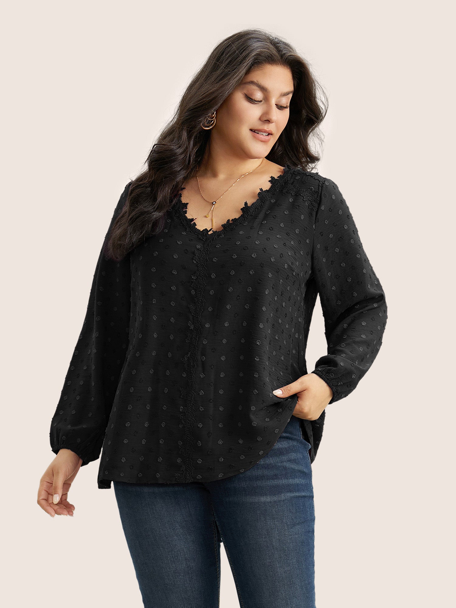 Plisse Eyelet Lace Elastic Cuffs Blouse