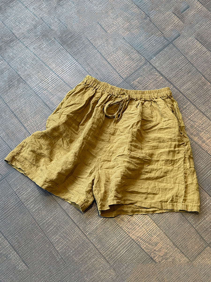 Women Summer Vintage Pure Color Linen Fifth Pants