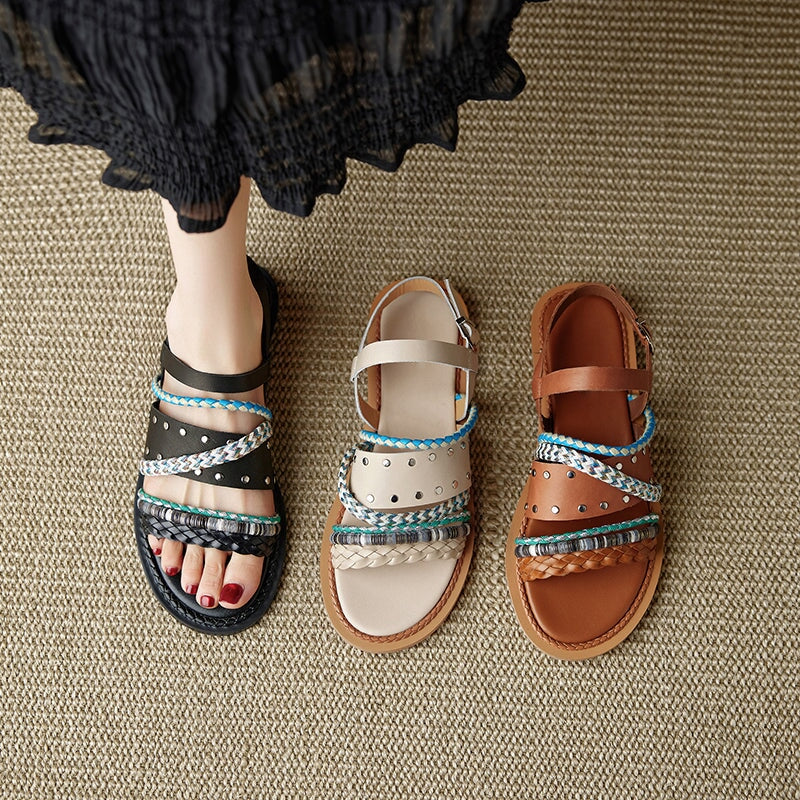 Fashion Woven Leather Roman Style Slingback Flat Sandals with Studs in Black/Brown/Beige