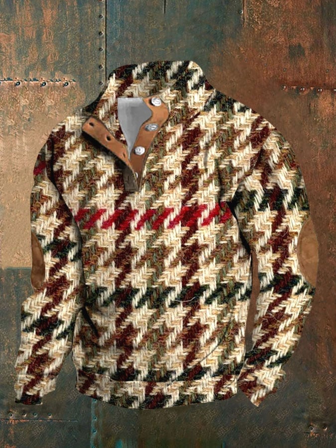 Men's Vintage Embroidery Pattern Art Print Plush Half Open Collar Pullover